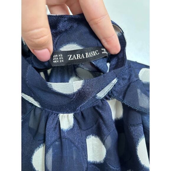 Zara EUC Semi Sheer Polkadot Navy White Ruffled Blouse Size XS - Picture 10 of 13